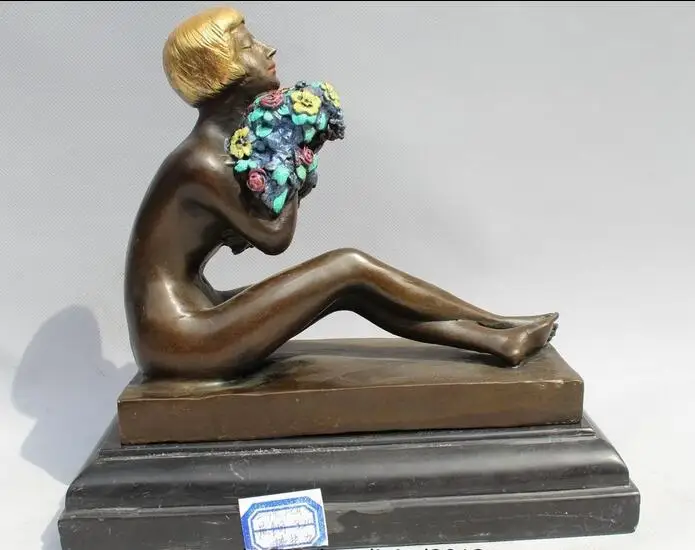 

9"Western Art sculpture Bronze Marble Nude Women Bell Flower Statue