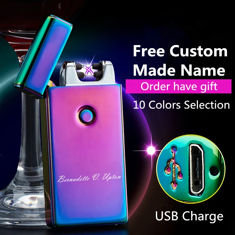 

Hot Free Signature Custom Name USB Lighter Rechargeable Electronic Lighter Cigarette Plasma Personal Lighter Double Arc Palse