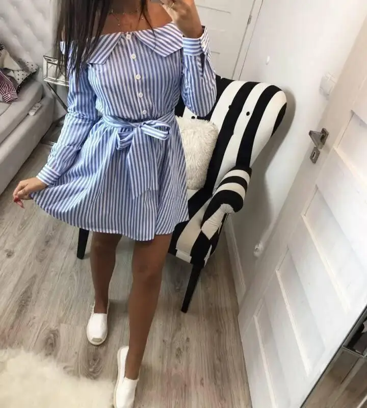 

Beach Slash Neck Button Long Sleeve Stripe Dress Women Sexy Waist Tie A Line Short Dresses Sexy Party Slim Red Blue Vestidos