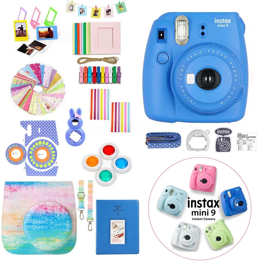 5 цветов Fujifilm Instax Mini 9 фотокамера моментальной печати+ набор аксессуаров-Сумка Чехол-протектор+ альбом+ фильтр+ наклейка+ рамка+ другое - Цвет: Cobalt Blue Full Set