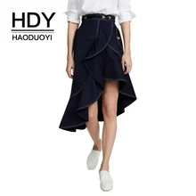 HDY Haoduoyi нерегулярные Высокий Низкий Falbala классическая юбка кнопкой разрезайте Цвет блок Украшенные Карманный Винтаж асимметричной юбкой для Для женщин