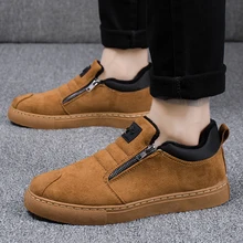 

Winter Man Casual Shoes Black Brown Men Work Shoes Comfortable Mens Fur Shoes Rubber Bottom Zip Walking Loafers For Male