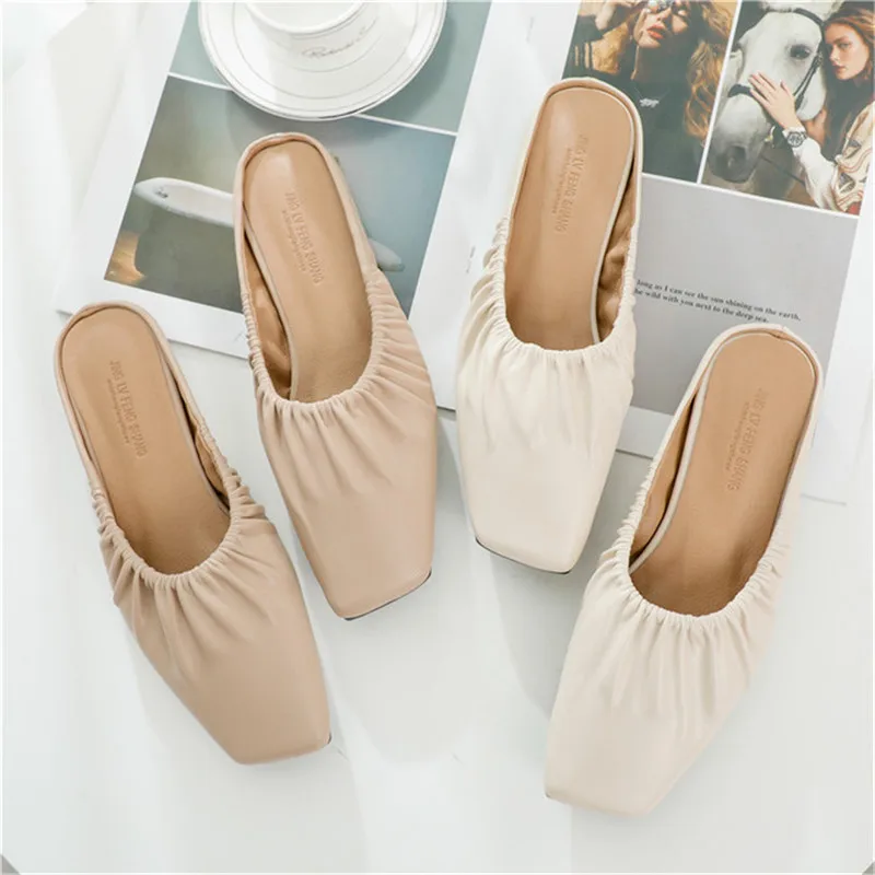 

Woman shoes flats Slippers pleated square toe Mules fashion sandals slip on Slides Comfortable loafers beige khaki zapatos mujer