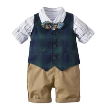 British Style Spring Baby Boy White Stripe Shirt with Bow Tie+Plaid Vest+shorts Formal Gentleman Kids Clothes Set Party Costume ishowtienda baby boys clothes set formal party christening wedding tuxedo bow tie long sleeve gentry splice costume for kids