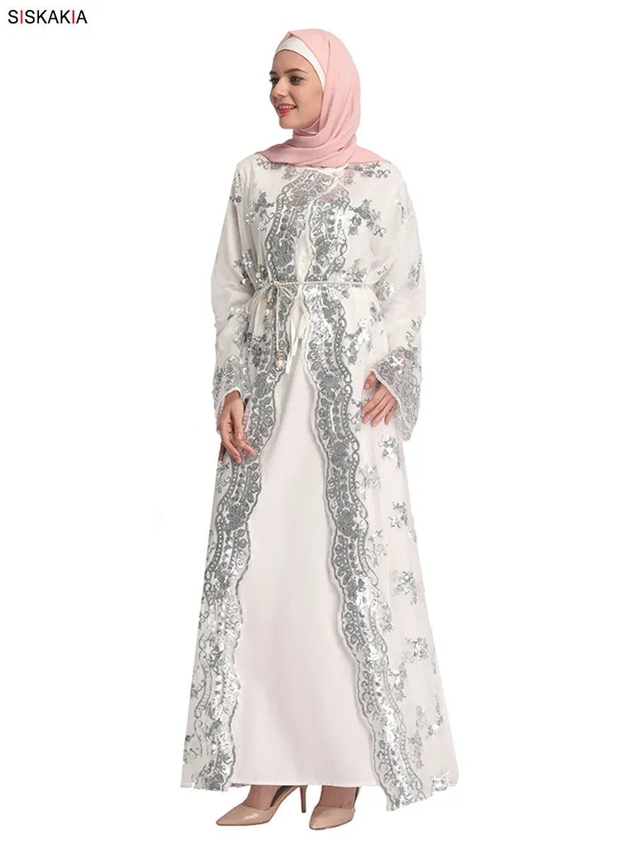 Siskakia Дубай элегантный кардиган Jubah арабский турецкий для женщин abaya внешняя одежда Модная тонкая Кружевная Сетка Hox Fix Роскошные Блестки
