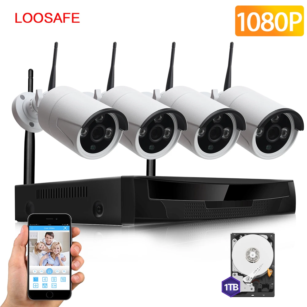 LOOSAFE IP Camera Wifi Sets Wireless CCTV Kit H.265X  Video Surveillance HD 1080P Outoot 4CH Wifi Security Camera System 1T HDD
