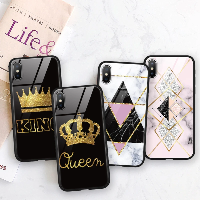 

Marble Tempered Glass Case FOR iphone XR X XS Max 6 6S 7 8 Plus King Queen For Meizu 16X 16 FOR Samsung Galaxy Note 8 9 Case