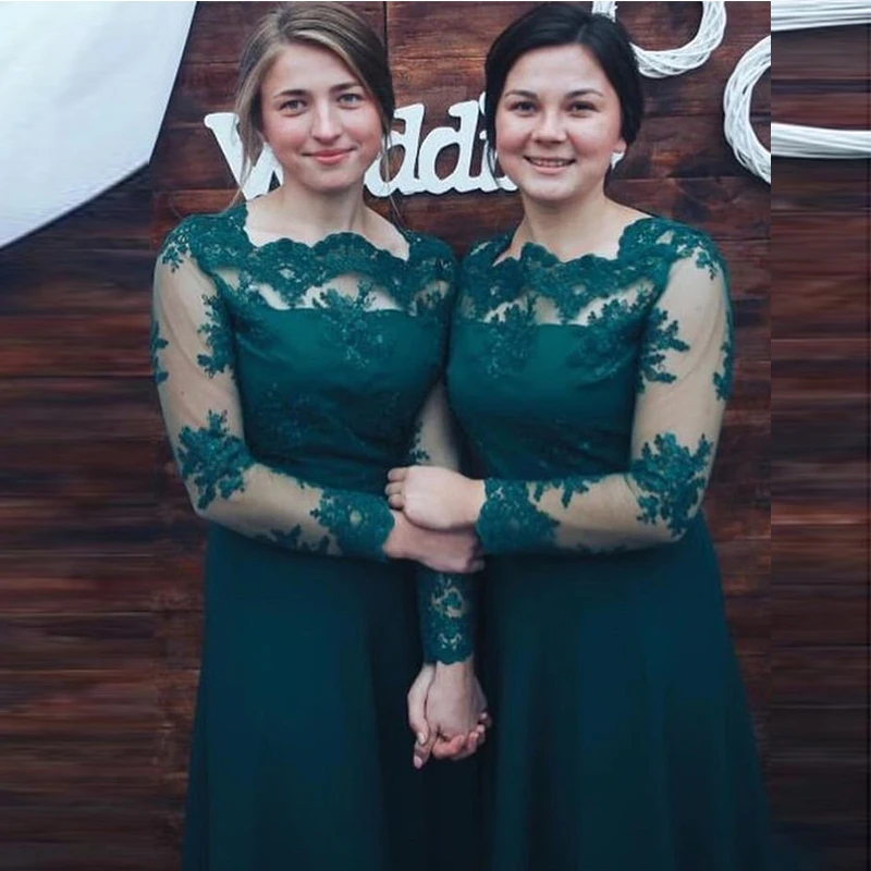 Vestido de festa longo платья подружки невесты с длинными рукавами темно зеленое кружевное