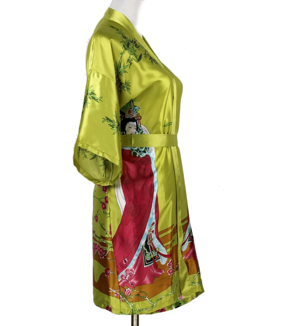 Лидер продаж зеленый китайский Для женщин длинный шелковый халат сексуальная кимоно юката платье Винтаж принт пижамы плюс Размеры размеры S M L XL XXL, XXXL nr095