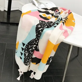 

Women head scarf 2020 female autumn spring South Korea fashion fresh long geometric print scarves cape shawl