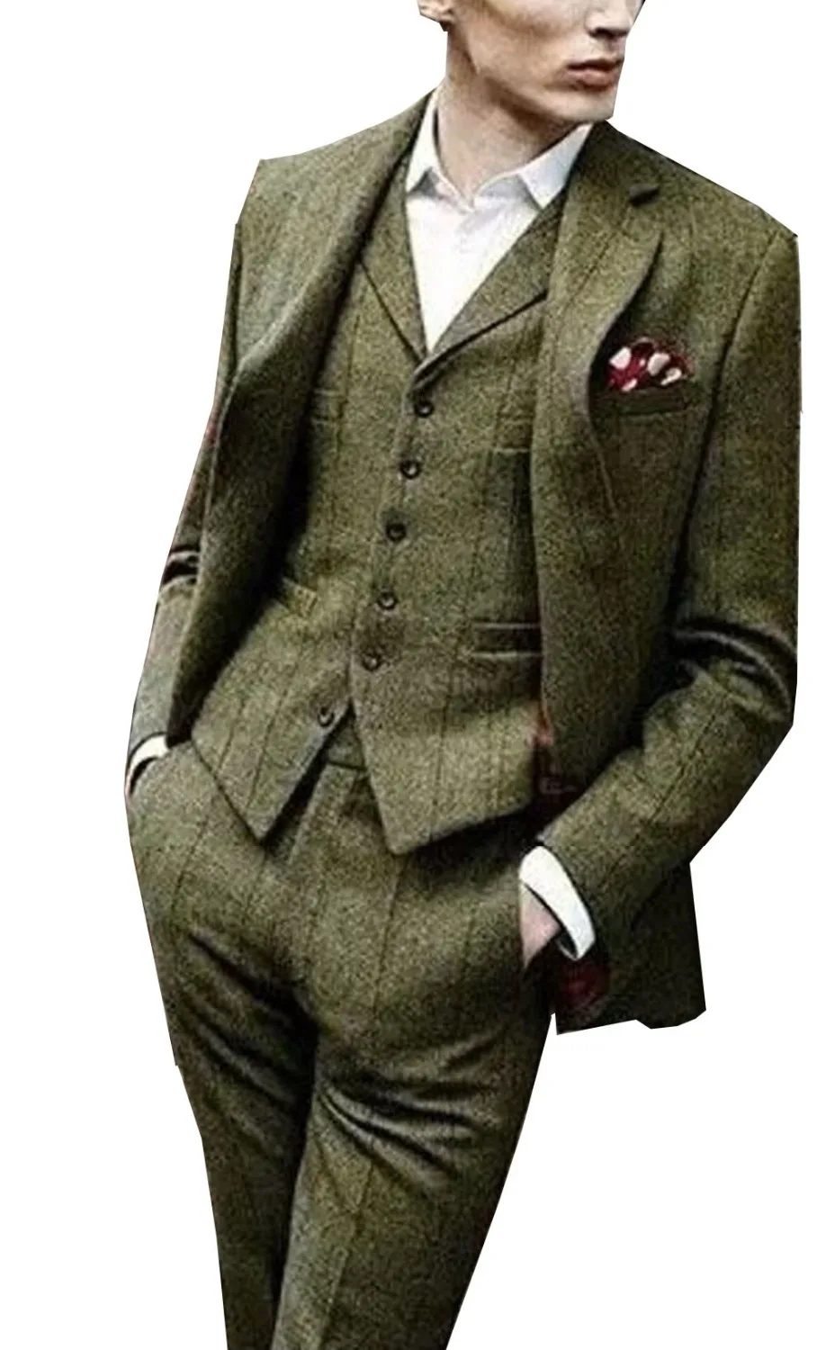MoranX FRSU Men's Suit Classic Regular Fit 3 Piece Plaid Wool Tweed Jacket Bussiness Blazer Vest Pants Tuxedos Wedding