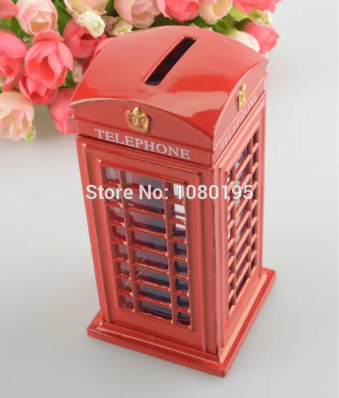 

British English Metal Alloy Save Money Coin Piggy London Street Red Telephone Booth Bank Souvenir Model Box Jar BO1375851