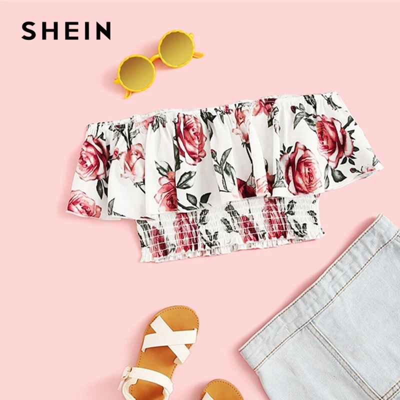 

SHEIN Kiddie Off The Shoulder Floral Print Shirred Crop Cute Blouse Kids Tops 2019 Summer Short Sleeve Boho Beach Ruched Blouses