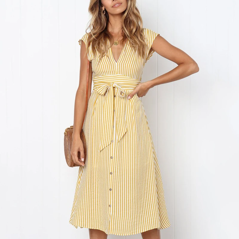 

Fanbety women V-neck Striped A-line dress 2019 Spring Summer Sleeveless button Midi Dresses Sweet Lace Up Bow Party Dress
