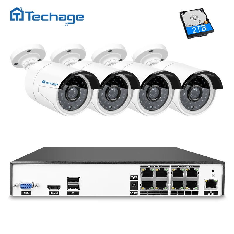 Techage H.265 8CH 4MP POE NVR CCTV System 4PCS Outdoor