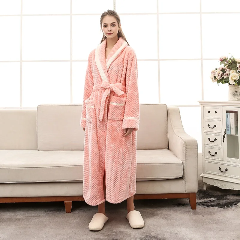 Свадебный халат для влюбленных размера плюс, теплый длинный халат для женщин и мужчин, плотное Фланелевое теплое кимоно, банные халаты, халат, зимняя одежда для сна - Цвет: Women pink