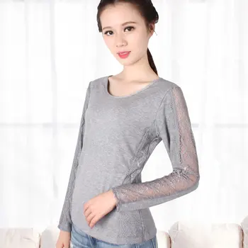 

A low collar lace warm long johns sleeve shirt in spring autumn new female Korean thin black thread coat thermal underwear women