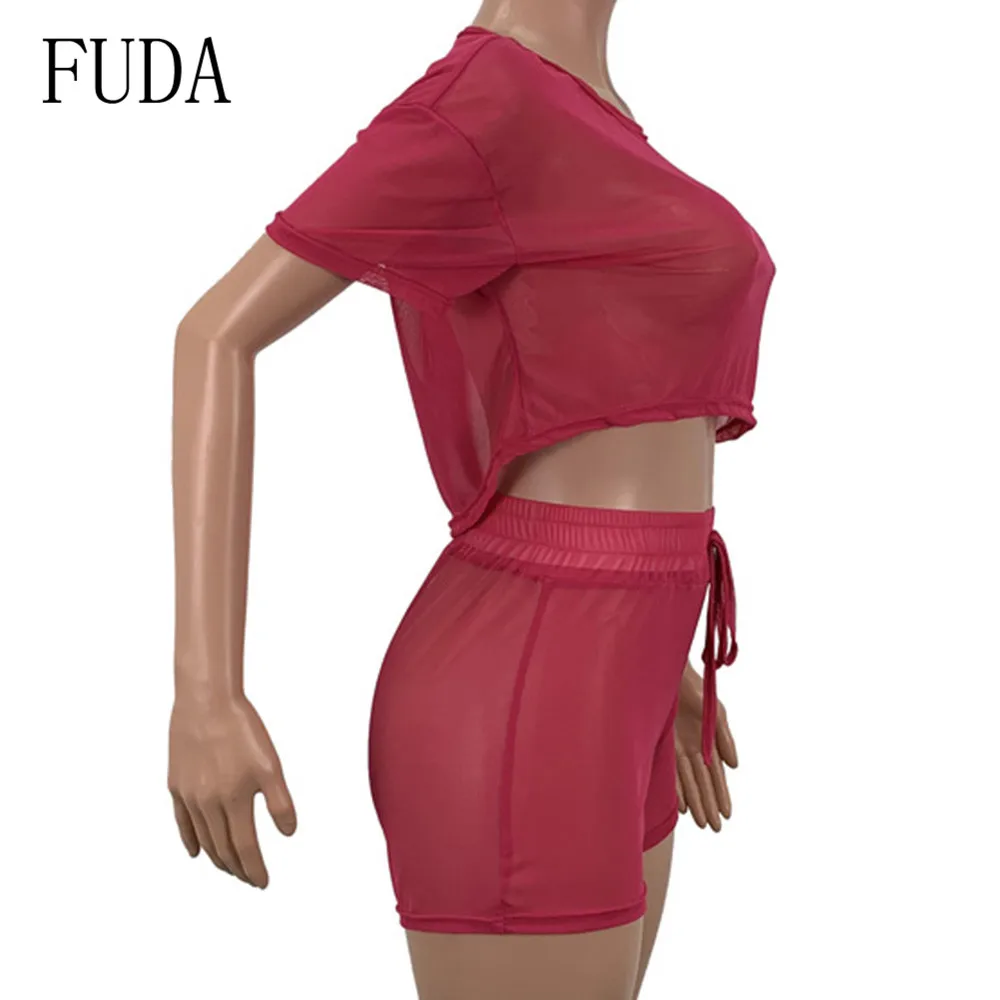 FUDA Fashion Two Pieces Sets Short Sleeve O Neck Top and Lace-up Pants Sexy See Through Casual Playsuits Women Summer Mono Mujer FUDA Fashion Two Pieces Sets Short Sleeve O Neck Top and Lace-up Pants Sexy See Through Casual Playsuits Women Summer Mono Mujer