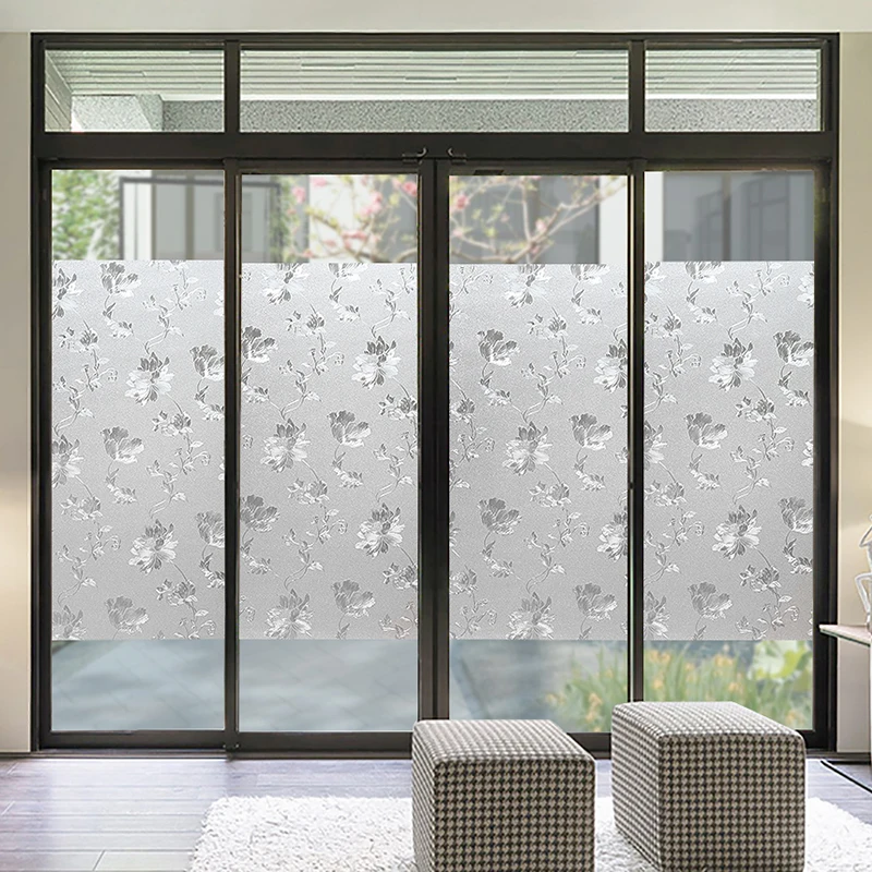 

Wide 45/60cm Very Privacy No-glue Frosted Window Cover Film Static Cling Glass Window Sticker Waterproof Foil Hibiscus Bathroom