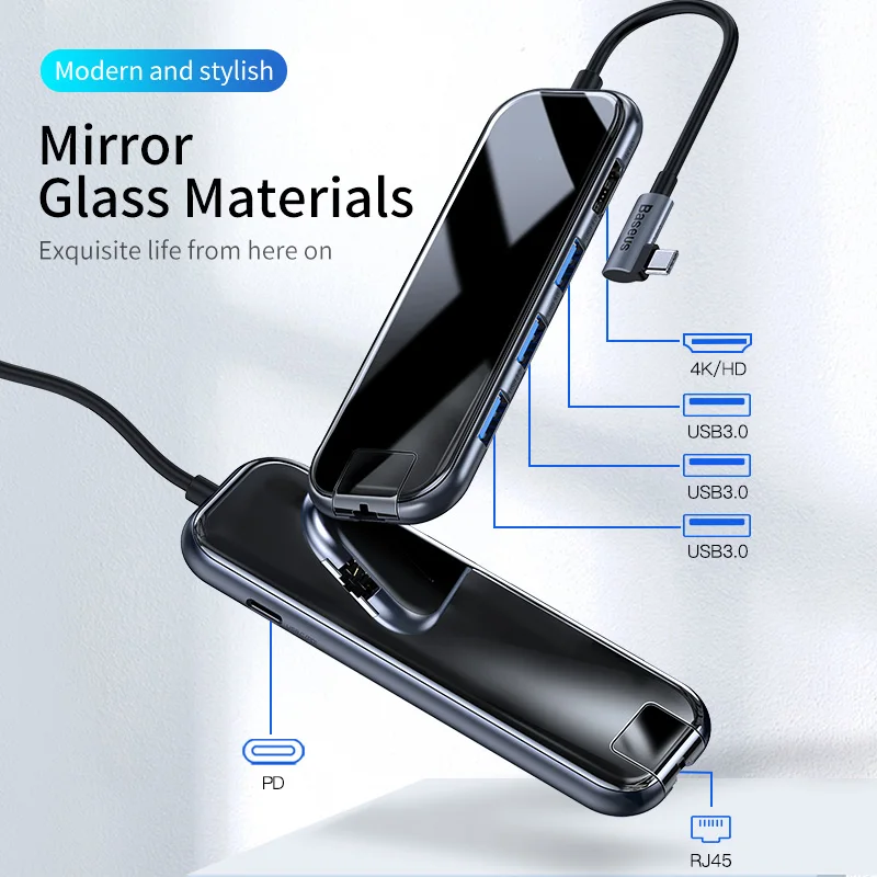Baseus Multi USB HUB Type C to HDMI RJ45 USB 3.0 Power Adapter For MacBook Pro Air Huawei Dock 6 Port USB-C USB HUB Splitter Hab