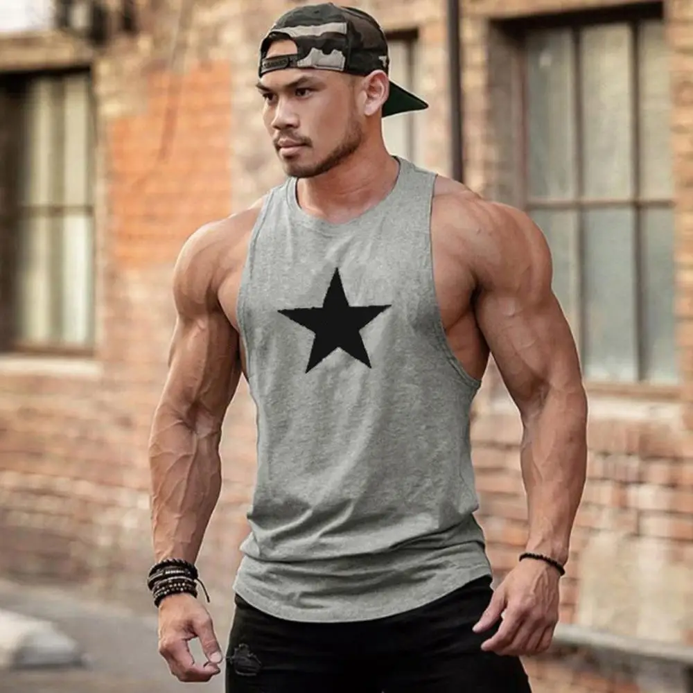 

Men Fitness Muscle Print Sleeveless Bodybuilding Tight-drying Vest Tops Blouses Large Open-Forked Male Vest tank top