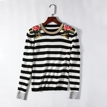 New 2017 High Women Ladies Cute Autumn Winter Luxury Striped embroidery flowers Casual Sweaters Pullover High quality #E131