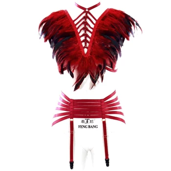 

Feather Vest Cape Wine Red Body Harness Set Top halter Cage Bra Garter Belts bottom Bondage Lingerie Adjust Women Belts