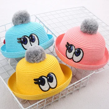

2019 Spring and summer baby boys and girls straw sun hat hat baby sunscreen cartoon eyes tide shade travel fisherman cool hat