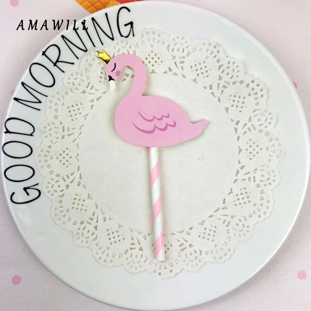 AMAWILL 5pcs Pink Flamingo Cakes Topper Cupcake Picks Cake Inserts Card DIY Decorating Supply Wedding Birthday Party 7.5D | Дом и сад