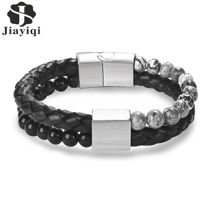 

Jiayiqi Fashion Jewelry Leather Bracelet For Men Bangle Beads Charms Black Bracelet Handmade Double Layer Wristband Party Gifts