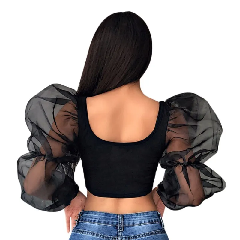 

Women hot U-neck exposed umbilical rubber sleeves t shirt Summer mesh stitching T-shirt long-sleeved vest 2019