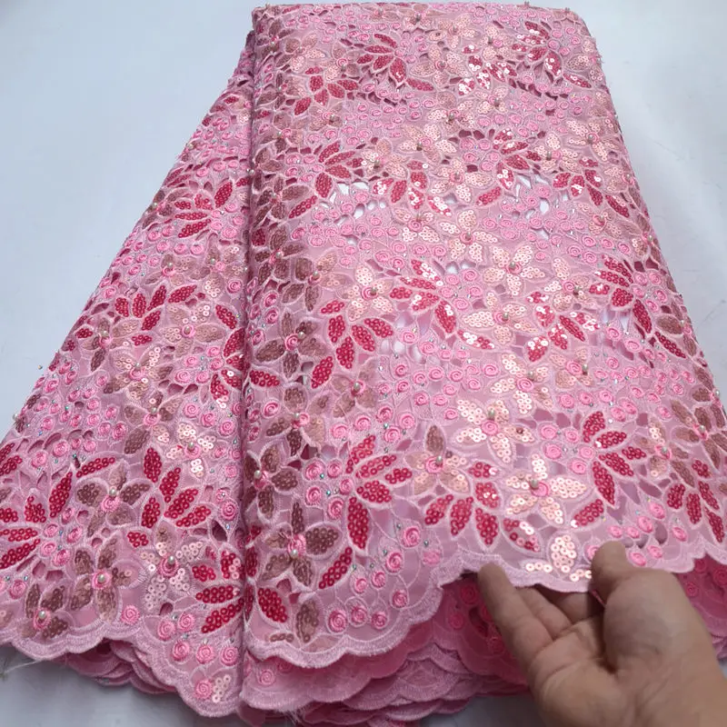 

5 yards Pink Handcut lace fabric African organza lace with lots of sequins beads and stones high quality for wedding party QG741