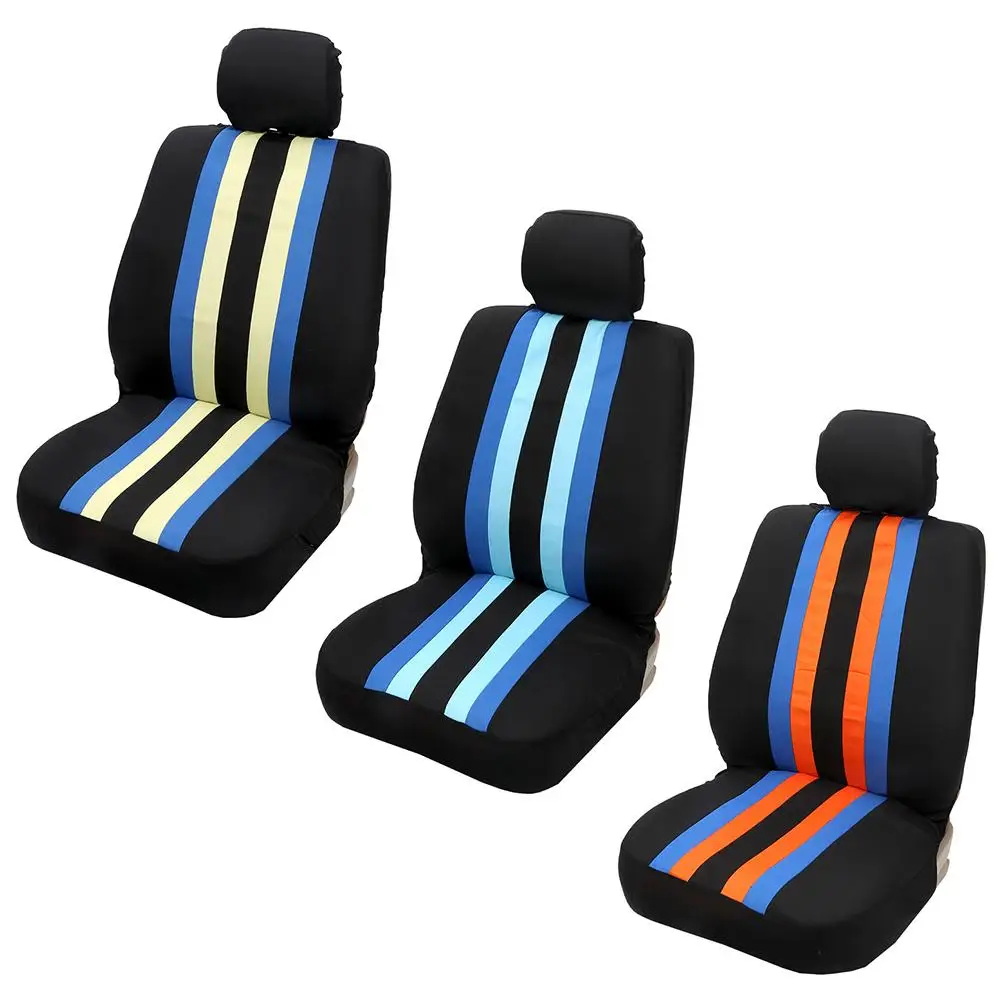 

Universal 4 Pieces Color Stripe Durable Color Bar Full Coverage Universal Double Car Front Seat Cover & Headrest Cover Set
