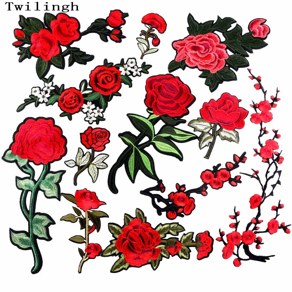 

1 Piece Big Flower Patches Iron on 3D Embroidered Sequined Patch Red Rose Applique Sew On DIY Patch Accessories Clothes Patches