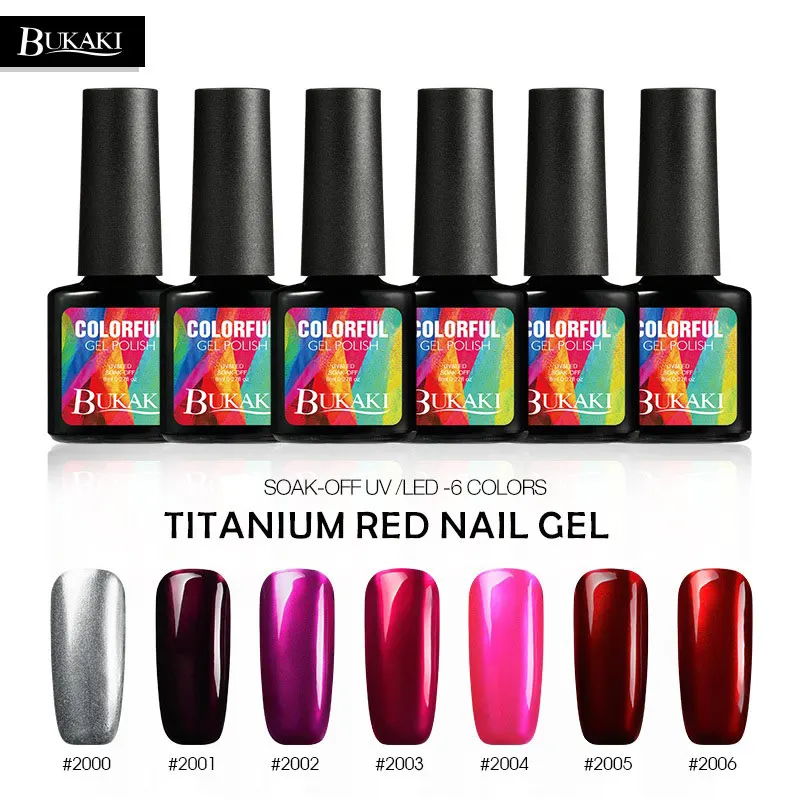 

BUKAKI 6 Colors Titanium Red UV Gel Nail Polish Metallic Mirror Effect Nail Art Nail Glue Need Silver Color Base Primer