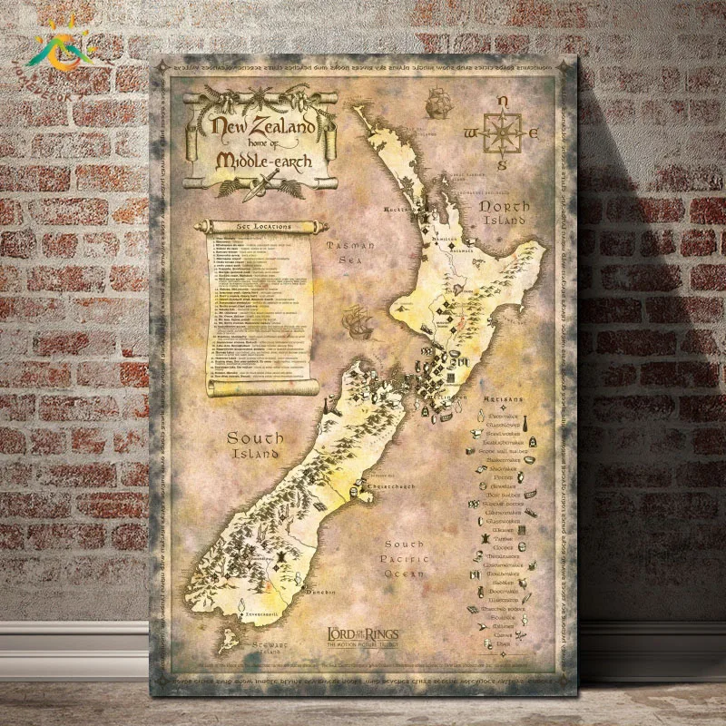 

New Zealand Lotr Map Wall Art Poster and Print Canvas Painting Decorative Picture Hanging Scroll Canvas Painting Pop Prints