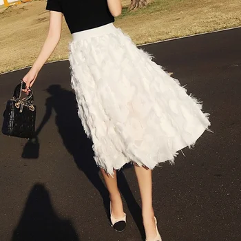 

Women Feather Tassel solid skirts 2019 spring summer new sweet styely Elastic Waist pleated skirts Female elegant skirts gx396