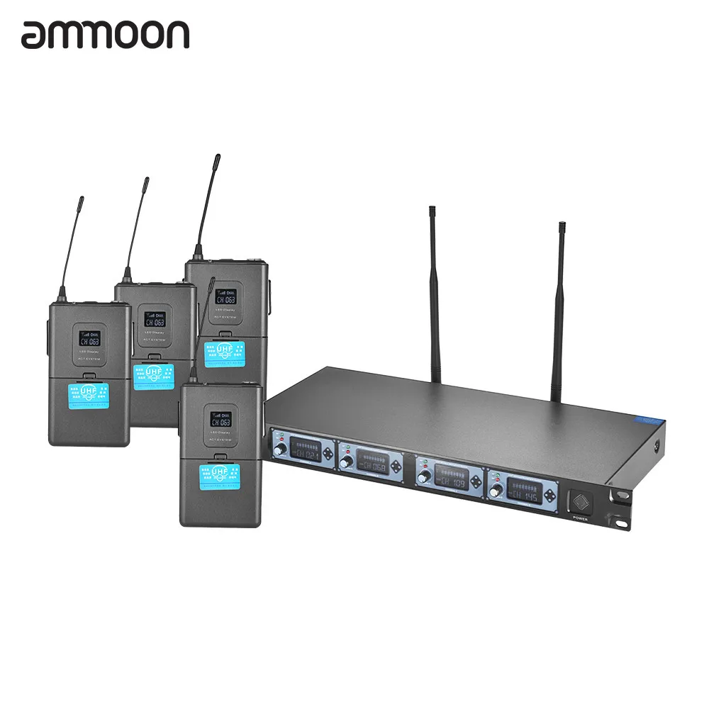 

ammoon 4T Professional 4 Channel UHF Wireless Headset Microphone System 4 Mics 1 Wireless Receiver 6.35mm AUX Cable LCD Display