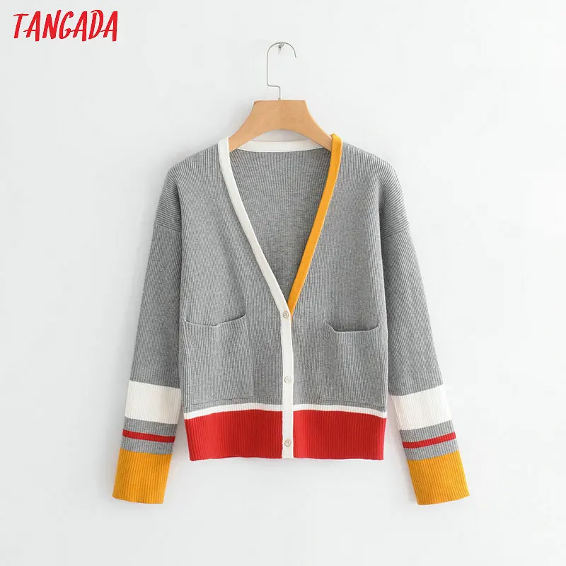 

Tangada fashion women color block sweater cardigan autumn long sleeve v neck high street sweater pockets elegant outwear BC11
