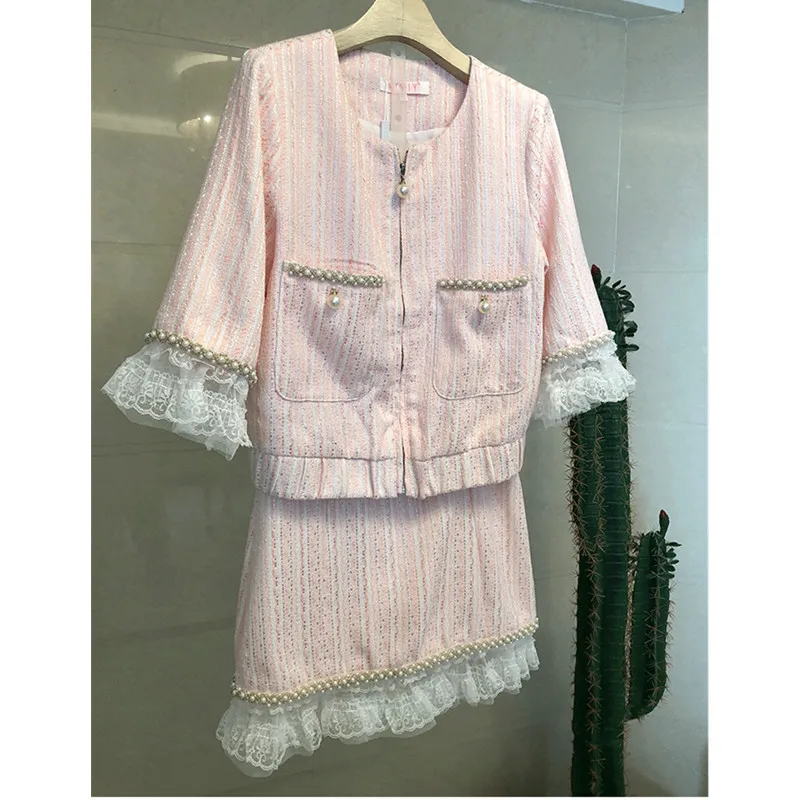 Spring new fashion small fragrance suit female beaded patchwork lace striped ladies style short skirt two-piece sets of tide Spring new fashion small fragrance suit female beaded patchwork lace striped ladies style short skirt two-piece sets of tide