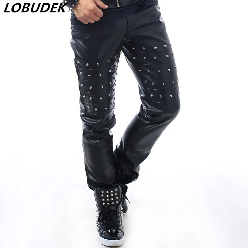 

Rivets Slim PU Leather Pants Trousers DS Costume Male DJ Singer Dancer Star Fashion Men Nightclub Party Cool Show