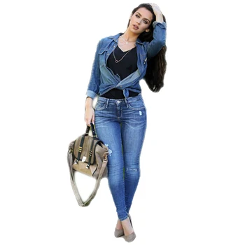 

Women low waist tight elastic hole denim pencil pants Female casual skinny washed jeans (Blue)