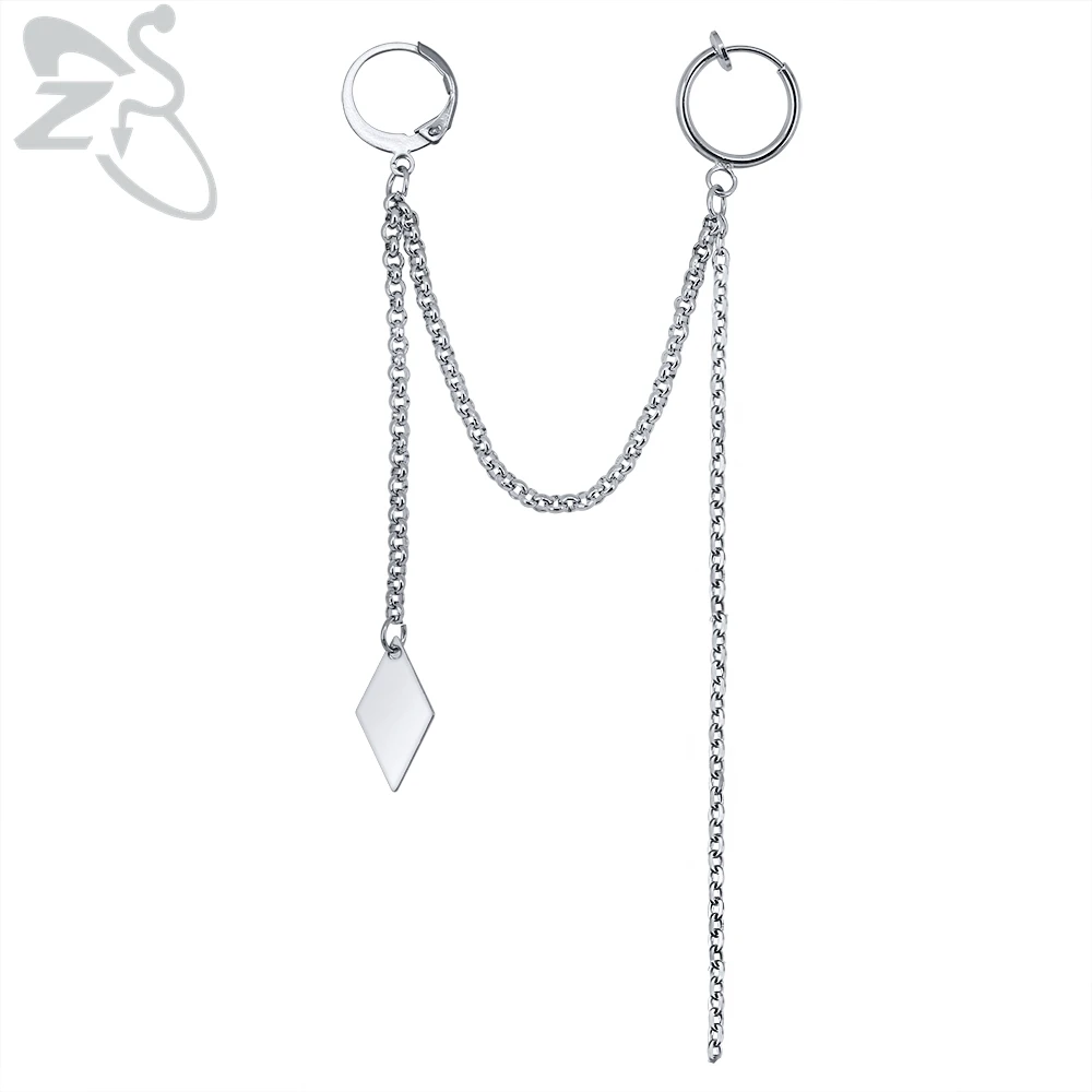 

ZS Men's Stainless Steel Eardrop Earrings Punk No Holes Earring Stud Fake Piercing Ear Studs Long Chain Fashion Women's Earrings