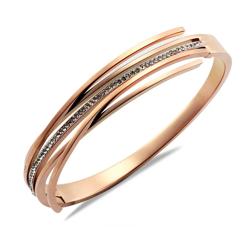 

New Arrival Hot Women 316 Stainless Steel Rose Gold Spring Clasp Bangle Crystals High Quality Ins Bangle Wedding Jewelry Gift