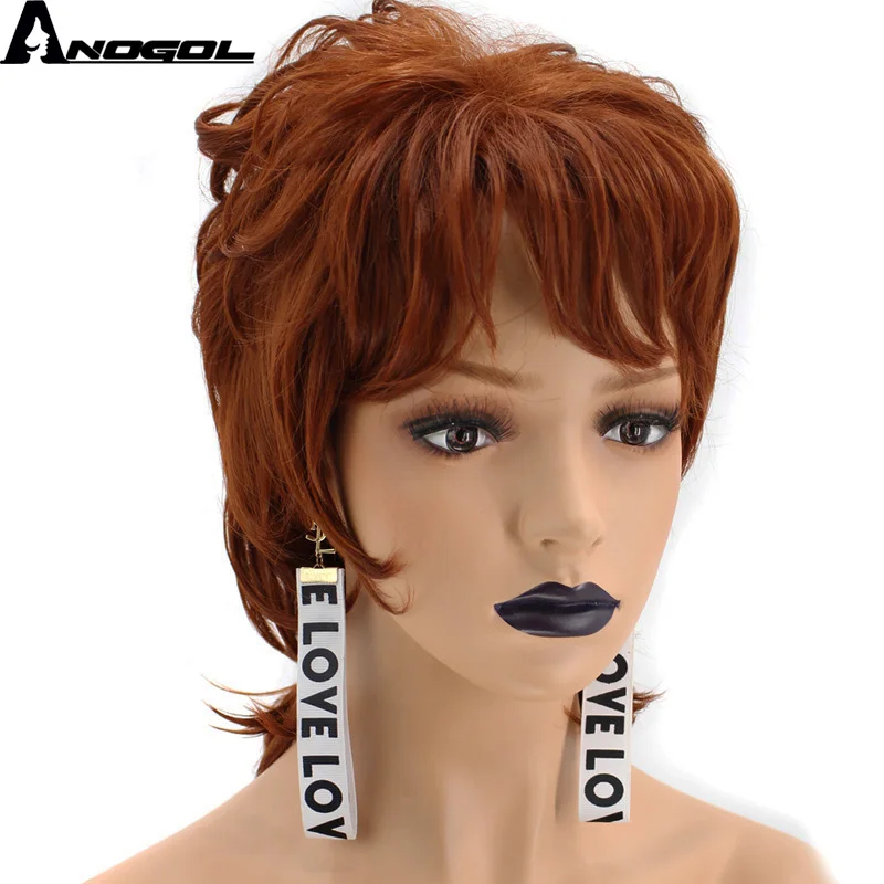 

Anogol Shaggy Layered Side Bangs Orange Auburn High Temperatre Fiber Short Natural Wave Synthetic Wig For Womens Ladies Girls