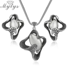Mytys Retro Gris Negro de La Vendimia Sistemas de la Joyería de Ópalo Colgante de Forma de La Flor Del Pendiente y Collar de Espiga Plana Establece para Las Mujeres CN350