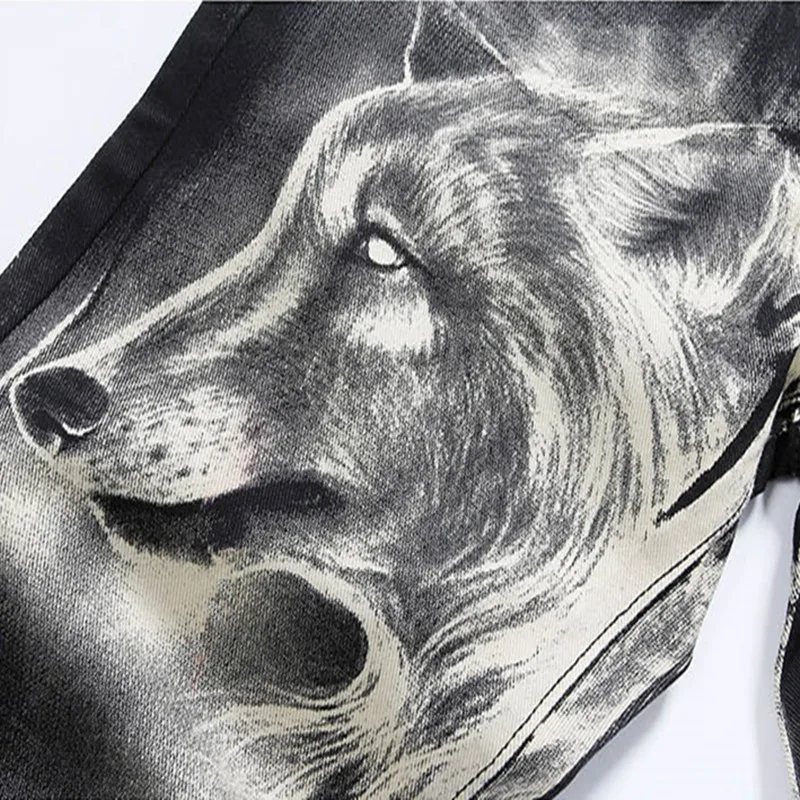Men's Fashion Wolf Printed Denim Jeans New Spring Summer Slim Black Painted Straight Pants Cool Streetwear Male Long Trousers