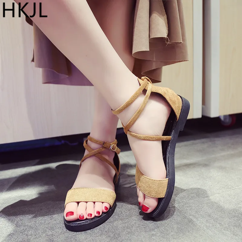 

HKJL Sandals women's summer 2019 new low-heeled, cross-strap, one-button women's flat sandals rubber sole open-toe sandals A033