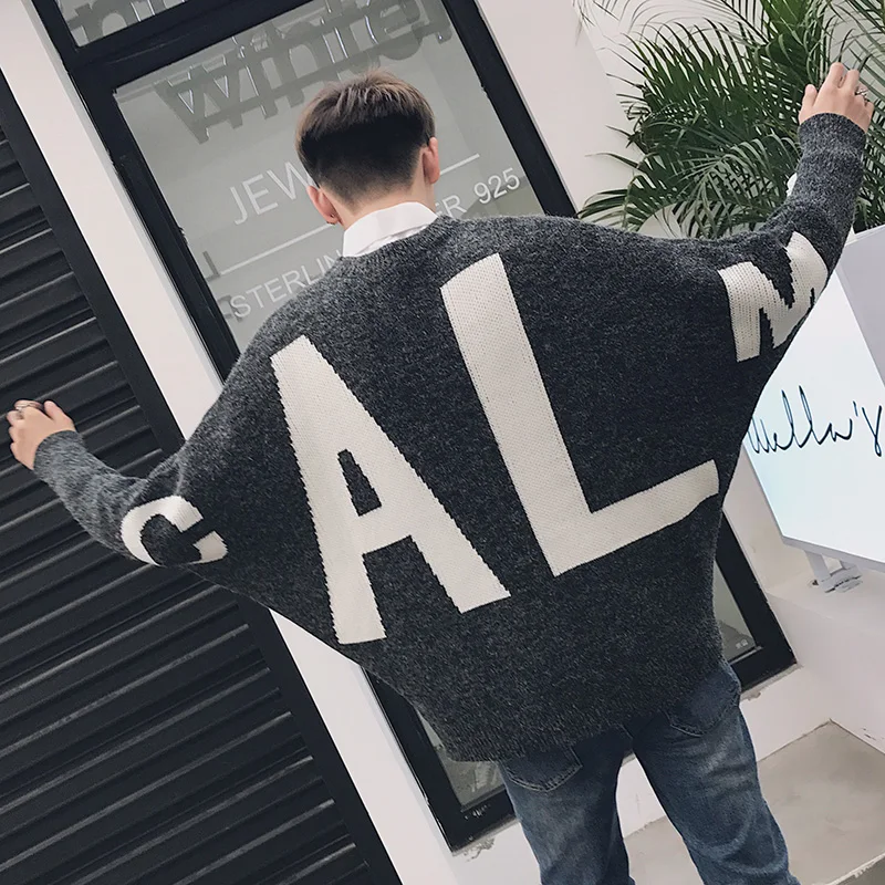 

YASUGUOJI New 2019 Fall Sweater Hip Pop Fashion Black and White Contrast Color Knitted Sweater Men Loose Bat Sleeve Pullover Men