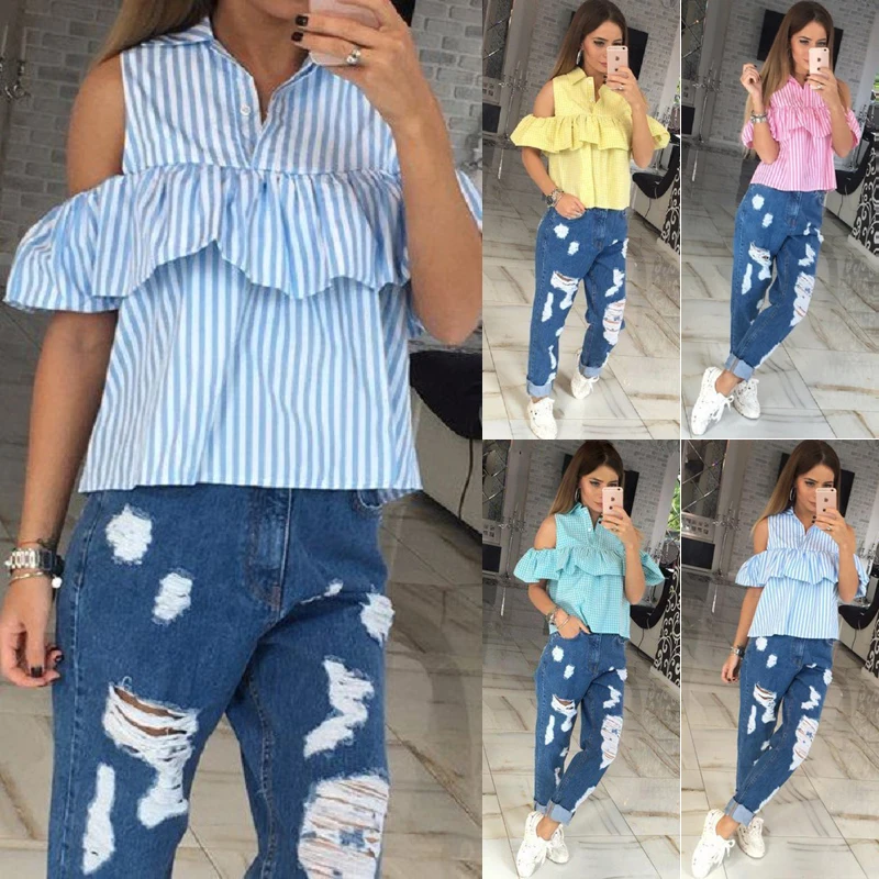 

Women Summer Cotton Striped Off-shoulder Blouses Women Pink Blue Ruffles Short Sleeve Clothing Tops Casual Blouses Tops